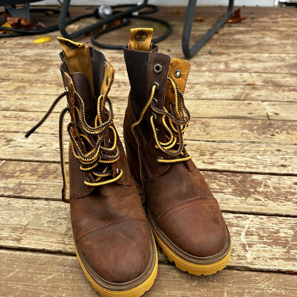 Timberland Women's Brown and Yellow Combat Boots - Picture 4 of 5